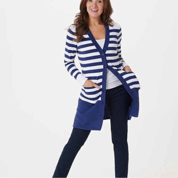 Isaac Mizrahi Live size 3X nautical strip button front cardigan layer cover work - Picture 1 of 10